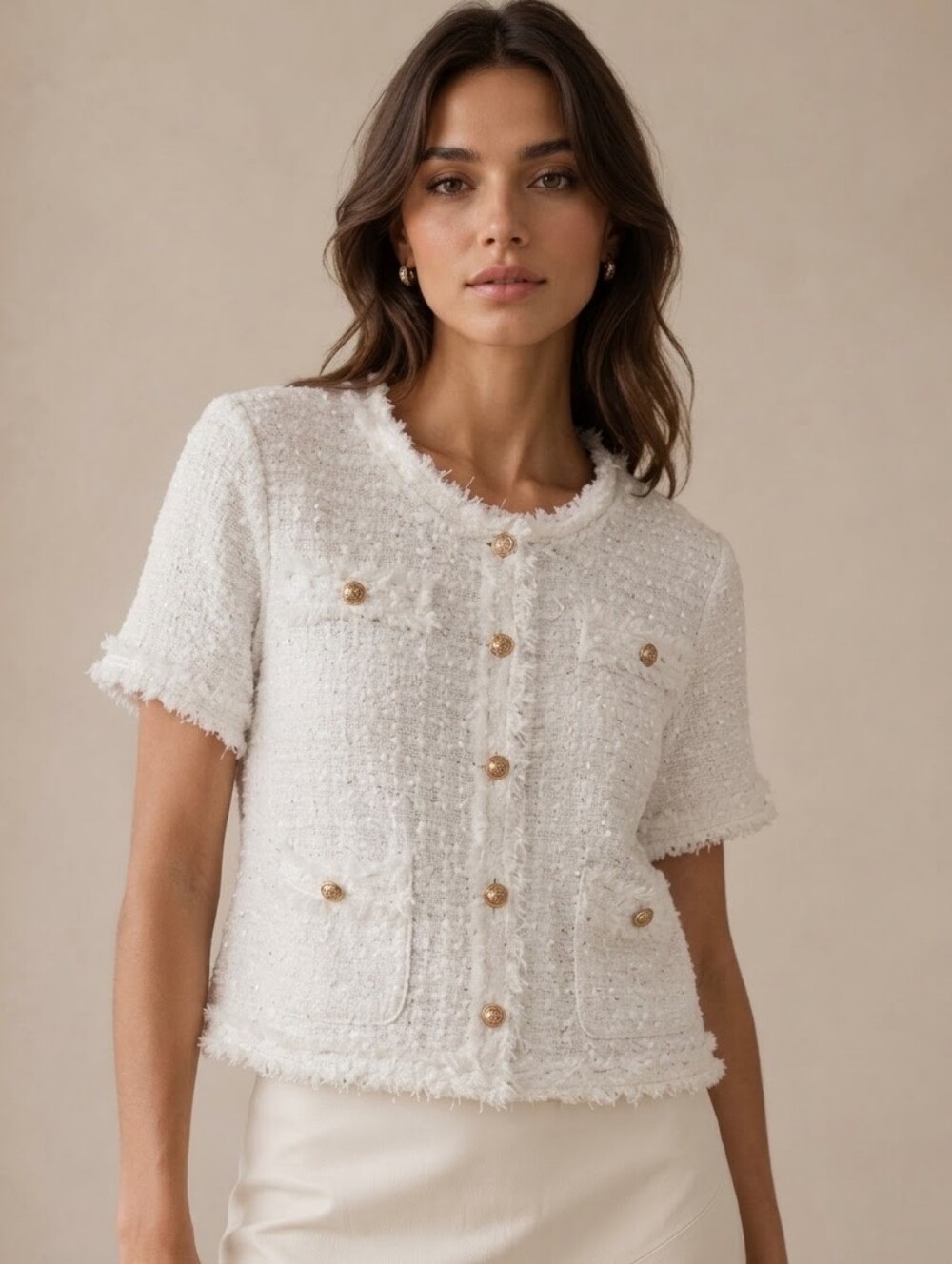 WhiteTweed Cropped Jacket Short Sleeves Gold Buttons Chanel Style Quiet Luxury